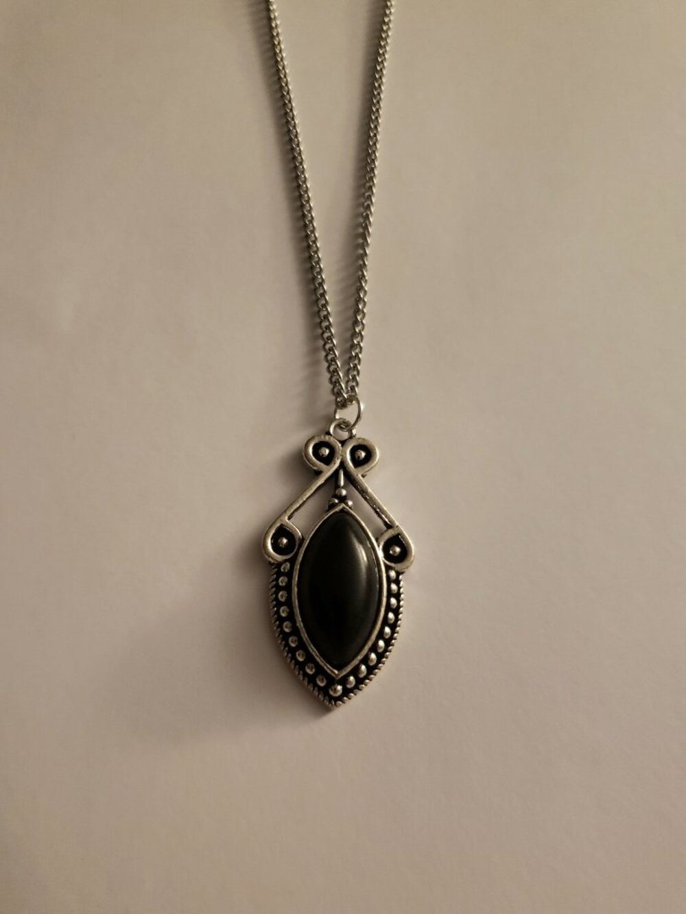 Silvertone Black Marquise Scroll Pendant Necklace NWOT